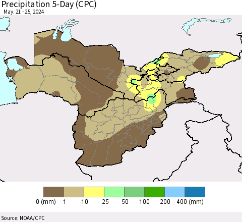 Central Asia Precipitation 5-Day (CPC) Thematic Map For 5/21/2024 - 5/25/2024