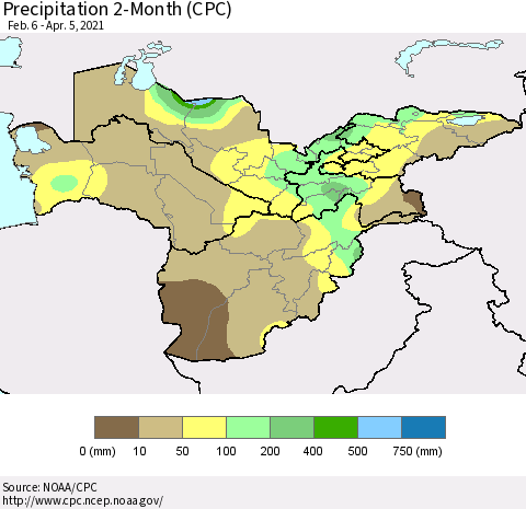 Central Asia Precipitation 2-Month (CPC) Thematic Map For 2/6/2021 - 4/5/2021
