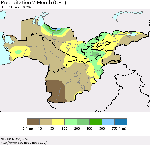 Central Asia Precipitation 2-Month (CPC) Thematic Map For 2/11/2021 - 4/10/2021