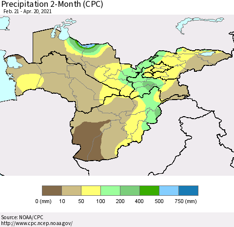 Central Asia Precipitation 2-Month (CPC) Thematic Map For 2/21/2021 - 4/20/2021
