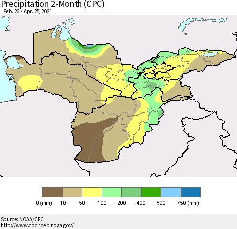 Central Asia Precipitation 2-Month (CPC) Thematic Map For 2/26/2021 - 4/25/2021
