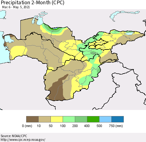 Central Asia Precipitation 2-Month (CPC) Thematic Map For 3/6/2021 - 5/5/2021
