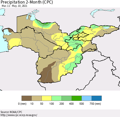 Central Asia Precipitation 2-Month (CPC) Thematic Map For 3/11/2021 - 5/10/2021