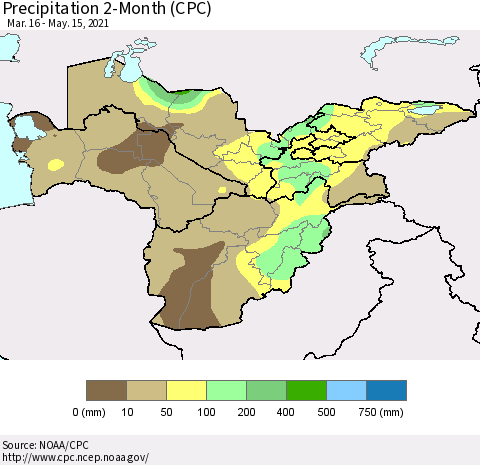 Central Asia Precipitation 2-Month (CPC) Thematic Map For 3/16/2021 - 5/15/2021