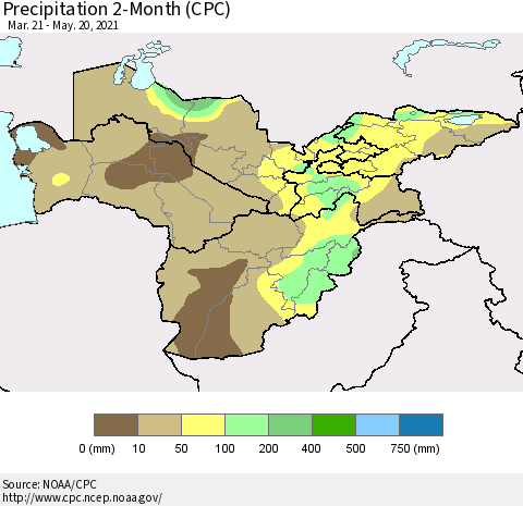 Central Asia Precipitation 2-Month (CPC) Thematic Map For 3/21/2021 - 5/20/2021
