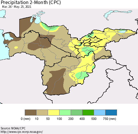 Central Asia Precipitation 2-Month (CPC) Thematic Map For 3/26/2021 - 5/25/2021