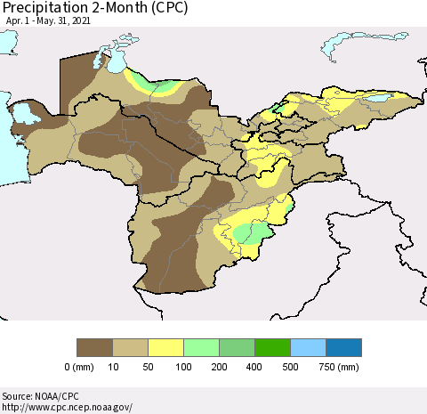 Central Asia Precipitation 2-Month (CPC) Thematic Map For 4/1/2021 - 5/31/2021