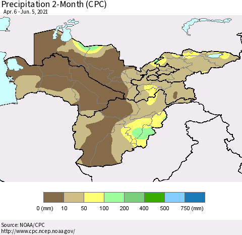 Central Asia Precipitation 2-Month (CPC) Thematic Map For 4/6/2021 - 6/5/2021