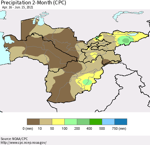 Central Asia Precipitation 2-Month (CPC) Thematic Map For 4/16/2021 - 6/15/2021