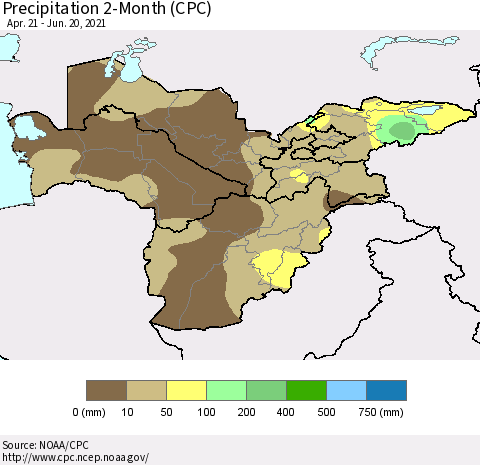 Central Asia Precipitation 2-Month (CPC) Thematic Map For 4/21/2021 - 6/20/2021