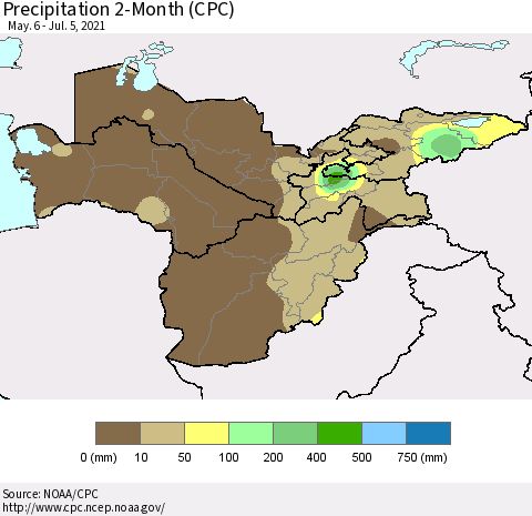 Central Asia Precipitation 2-Month (CPC) Thematic Map For 5/6/2021 - 7/5/2021