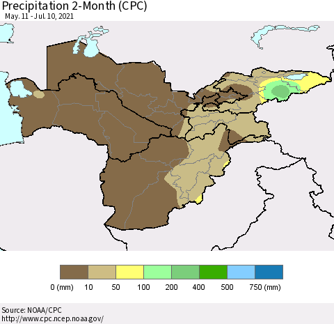 Central Asia Precipitation 2-Month (CPC) Thematic Map For 5/11/2021 - 7/10/2021