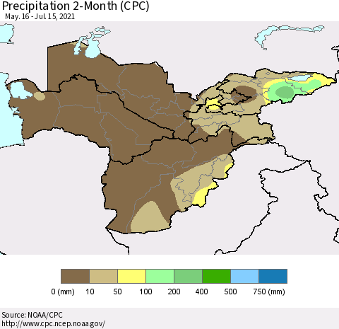 Central Asia Precipitation 2-Month (CPC) Thematic Map For 5/16/2021 - 7/15/2021