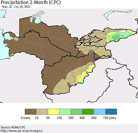 Central Asia Precipitation 2-Month (CPC) Thematic Map For 5/21/2021 - 7/20/2021