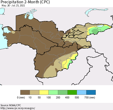 Central Asia Precipitation 2-Month (CPC) Thematic Map For 5/26/2021 - 7/25/2021
