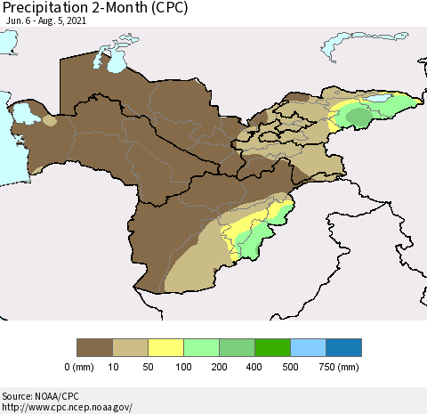 Central Asia Precipitation 2-Month (CPC) Thematic Map For 6/6/2021 - 8/5/2021