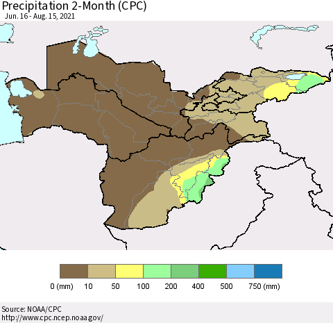 Central Asia Precipitation 2-Month (CPC) Thematic Map For 6/16/2021 - 8/15/2021