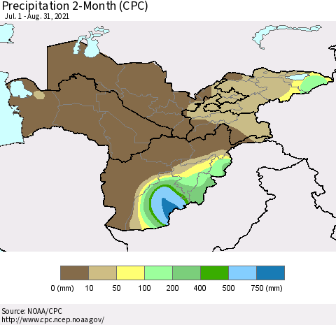 Central Asia Precipitation 2-Month (CPC) Thematic Map For 7/1/2021 - 8/31/2021