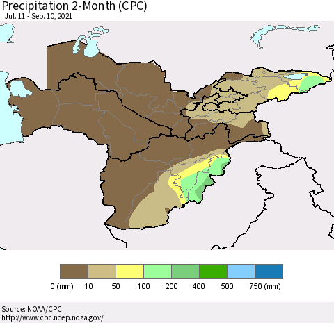Central Asia Precipitation 2-Month (CPC) Thematic Map For 7/11/2021 - 9/10/2021