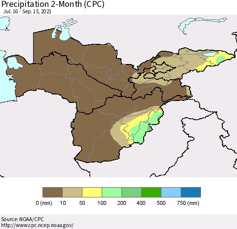 Central Asia Precipitation 2-Month (CPC) Thematic Map For 7/16/2021 - 9/15/2021