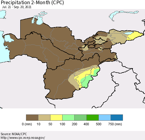Central Asia Precipitation 2-Month (CPC) Thematic Map For 7/21/2021 - 9/20/2021