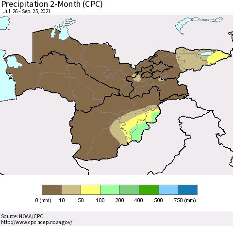 Central Asia Precipitation 2-Month (CPC) Thematic Map For 7/26/2021 - 9/25/2021