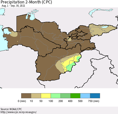 Central Asia Precipitation 2-Month (CPC) Thematic Map For 8/1/2021 - 9/30/2021