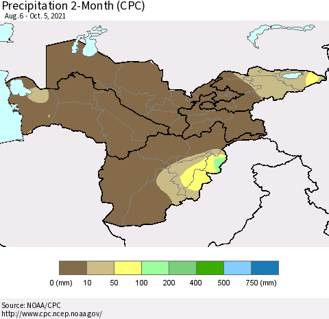 Central Asia Precipitation 2-Month (CPC) Thematic Map For 8/6/2021 - 10/5/2021