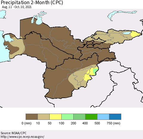 Central Asia Precipitation 2-Month (CPC) Thematic Map For 8/11/2021 - 10/10/2021