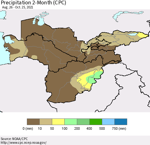Central Asia Precipitation 2-Month (CPC) Thematic Map For 8/26/2021 - 10/25/2021