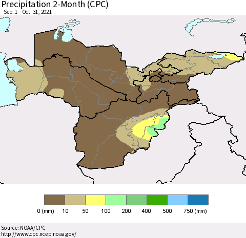Central Asia Precipitation 2-Month (CPC) Thematic Map For 9/1/2021 - 10/31/2021