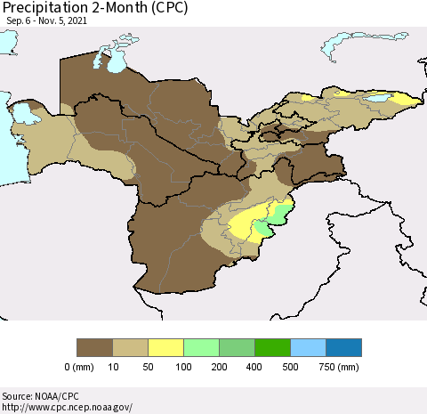 Central Asia Precipitation 2-Month (CPC) Thematic Map For 9/6/2021 - 11/5/2021