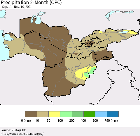 Central Asia Precipitation 2-Month (CPC) Thematic Map For 9/11/2021 - 11/10/2021
