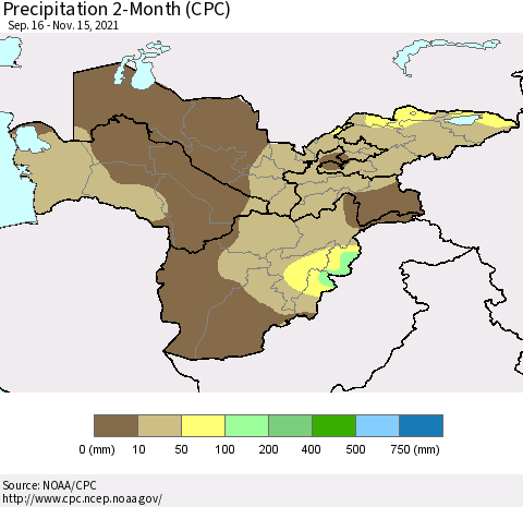 Central Asia Precipitation 2-Month (CPC) Thematic Map For 9/16/2021 - 11/15/2021