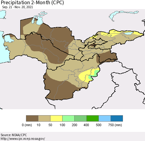 Central Asia Precipitation 2-Month (CPC) Thematic Map For 9/21/2021 - 11/20/2021