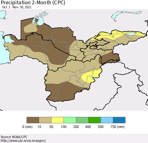 Central Asia Precipitation 2-Month (CPC) Thematic Map For 10/1/2021 - 11/30/2021