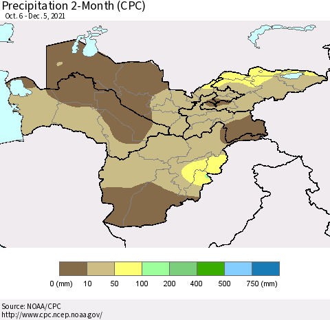 Central Asia Precipitation 2-Month (CPC) Thematic Map For 10/6/2021 - 12/5/2021