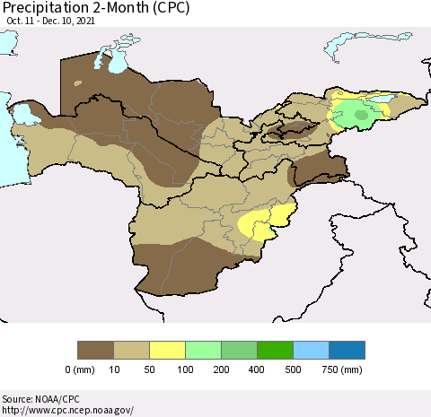 Central Asia Precipitation 2-Month (CPC) Thematic Map For 10/11/2021 - 12/10/2021
