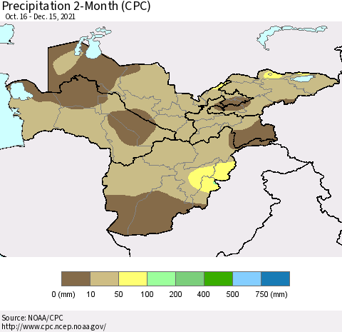 Central Asia Precipitation 2-Month (CPC) Thematic Map For 10/16/2021 - 12/15/2021