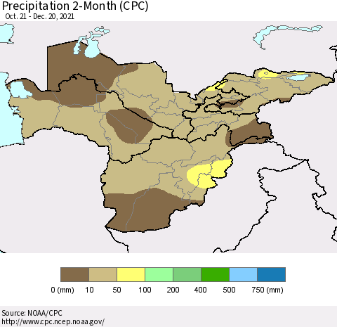 Central Asia Precipitation 2-Month (CPC) Thematic Map For 10/21/2021 - 12/20/2021