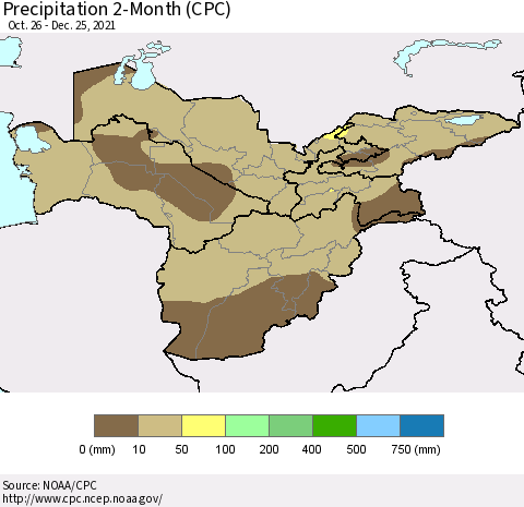 Central Asia Precipitation 2-Month (CPC) Thematic Map For 10/26/2021 - 12/25/2021
