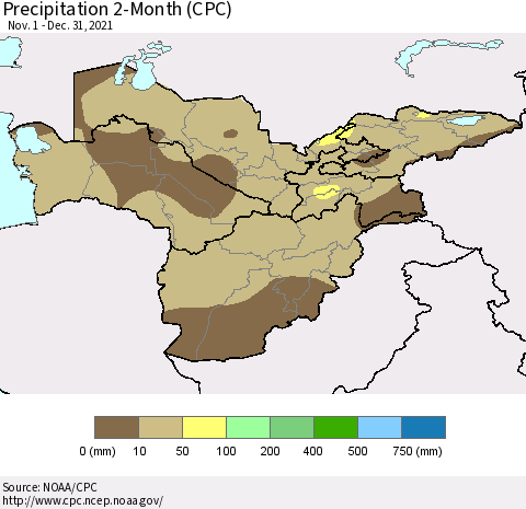 Central Asia Precipitation 2-Month (CPC) Thematic Map For 11/1/2021 - 12/31/2021