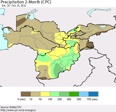 Central Asia Precipitation 2-Month (CPC) Thematic Map For 12/26/2021 - 2/25/2022