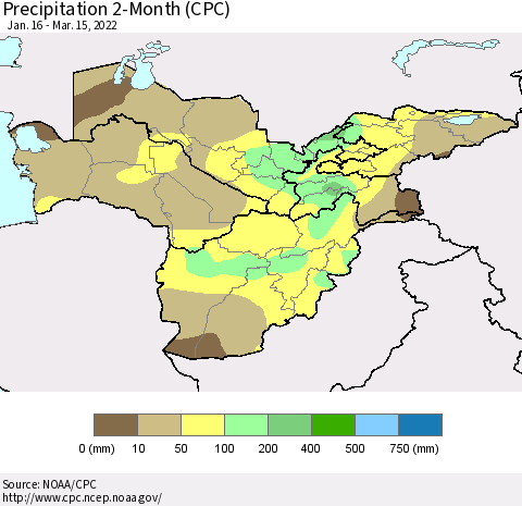 Central Asia Precipitation 2-Month (CPC) Thematic Map For 1/16/2022 - 3/15/2022
