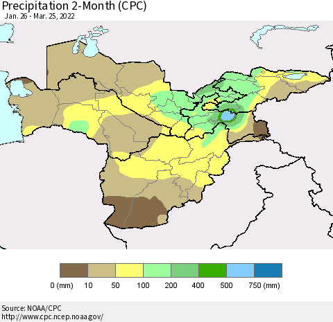 Central Asia Precipitation 2-Month (CPC) Thematic Map For 1/26/2022 - 3/25/2022