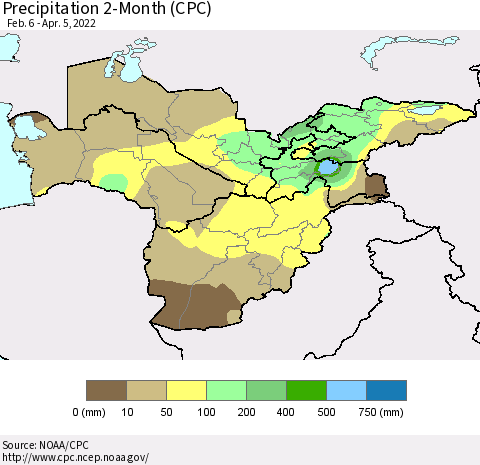 Central Asia Precipitation 2-Month (CPC) Thematic Map For 2/6/2022 - 4/5/2022