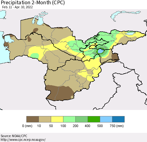 Central Asia Precipitation 2-Month (CPC) Thematic Map For 2/11/2022 - 4/10/2022
