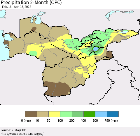 Central Asia Precipitation 2-Month (CPC) Thematic Map For 2/16/2022 - 4/15/2022