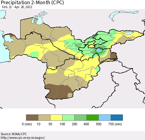 Central Asia Precipitation 2-Month (CPC) Thematic Map For 2/21/2022 - 4/20/2022