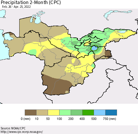 Central Asia Precipitation 2-Month (CPC) Thematic Map For 2/26/2022 - 4/25/2022